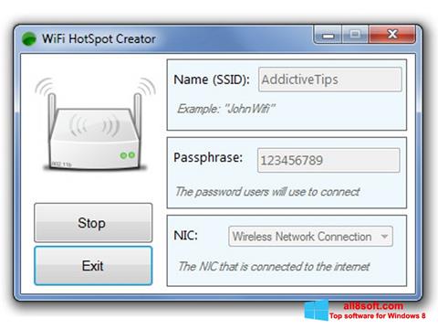 Снимак заслона Wi-Fi HotSpot Creator Windows 8
