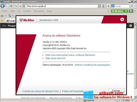 Снимак заслона McAfee SiteAdvisor Windows 8