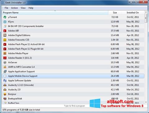 Снимак заслона Geek Uninstaller Windows 8