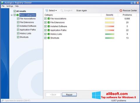 Снимак заслона Auslogics Registry Cleaner Windows 8
